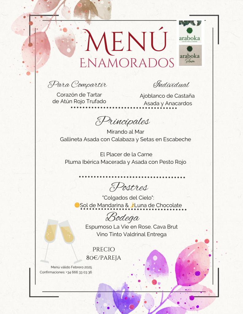 Menú 2025 de enamorados en restaurantes araboka de Malaga