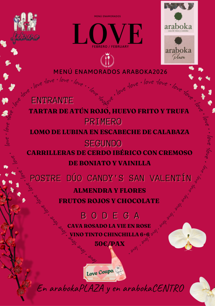 Menú febrero en restaurantes araboka de Málaga para san Valentín 2026