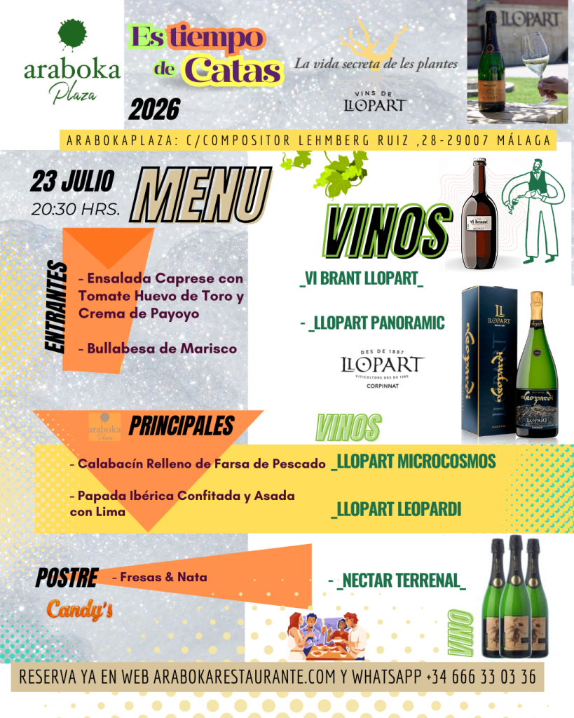 Menú y vinos espumosos escogidos para los 5 pasas de la Cata y Cena maridaje en arabokaPLAZA el 23 de julio de 2026 con Bodegas Llopart